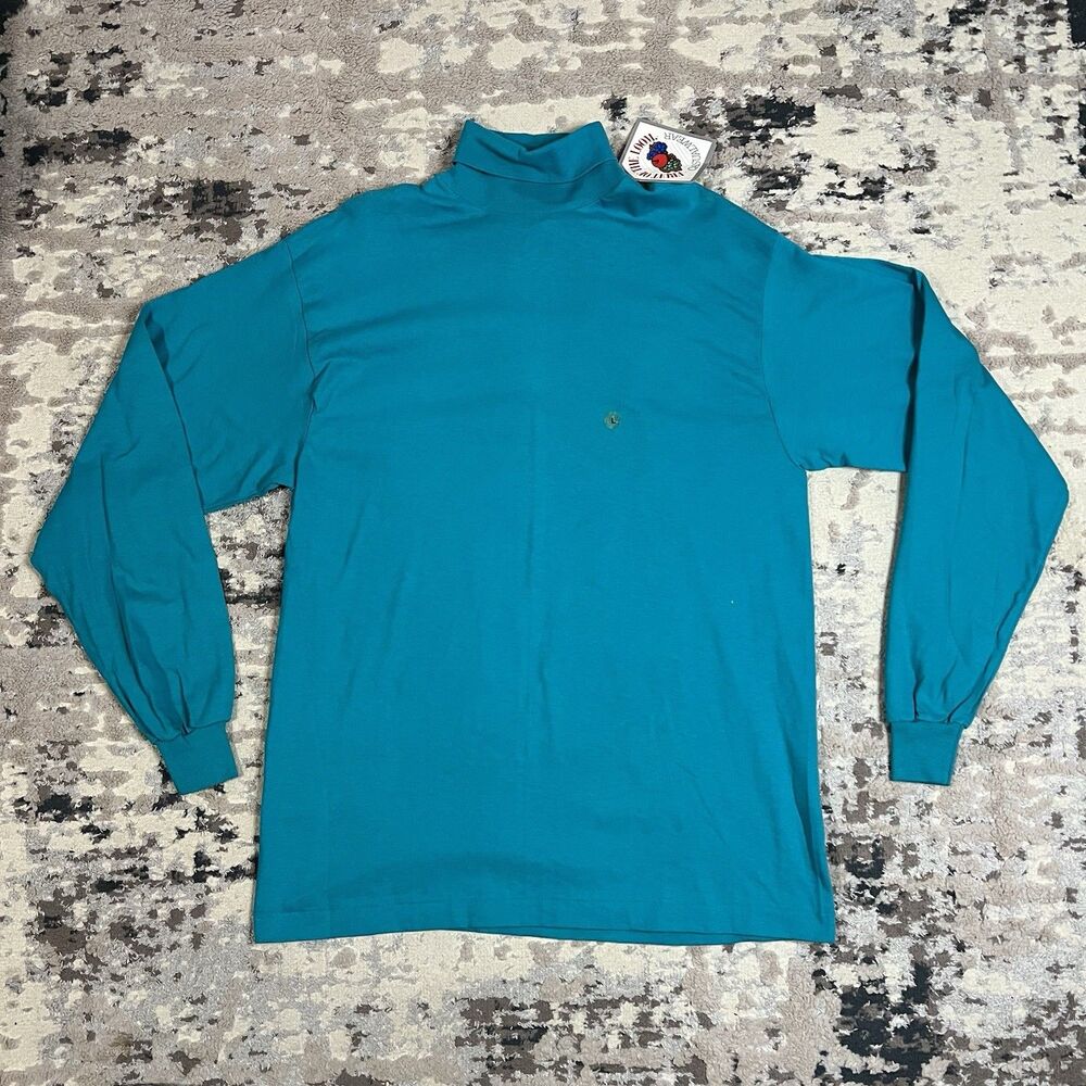 NOS Vtg 90s Streetwear Mens L Blank Long Sleeve Turtleneck T-Shirt Teal USA